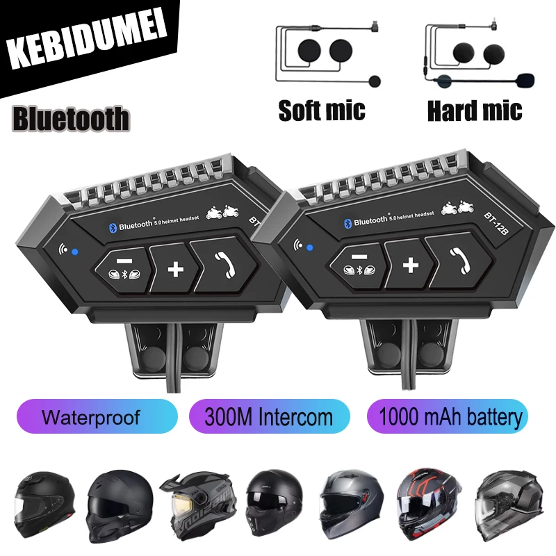 KEBIDUMEI BT12B Motorradhelm-Intercom-Headset, 1000 mAh Akku, störungsfreies Freisprechsystem für Voll-/Halbgesichtshelme Image