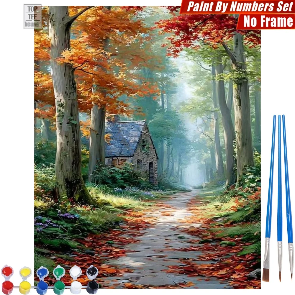Abgeschiedenes Waldhaus Malen-nach-Zahlen-Set - Herbstliche Blätter Sonnenlicht Wohnzimmer Wandkunst Ostergeschenk für Oma Image