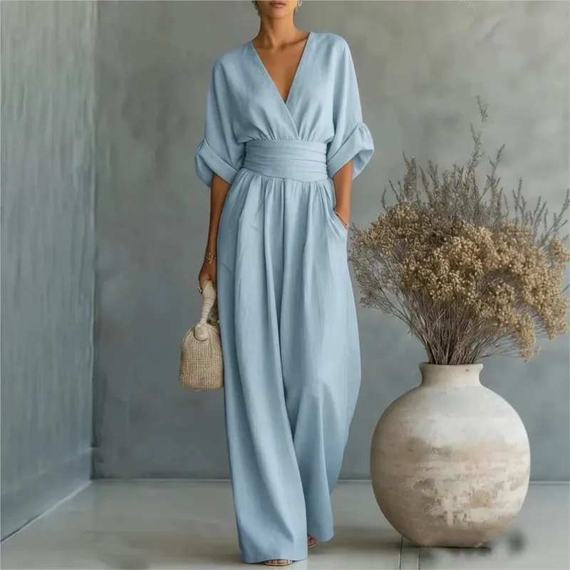 Damen-Jumpsuit, einfarbig, modisch, hohe Taille, V-Ausschnitt, elegant, sexy, für Büro, Pendeln, Freizeit, Alltag, Business, Rompers Image