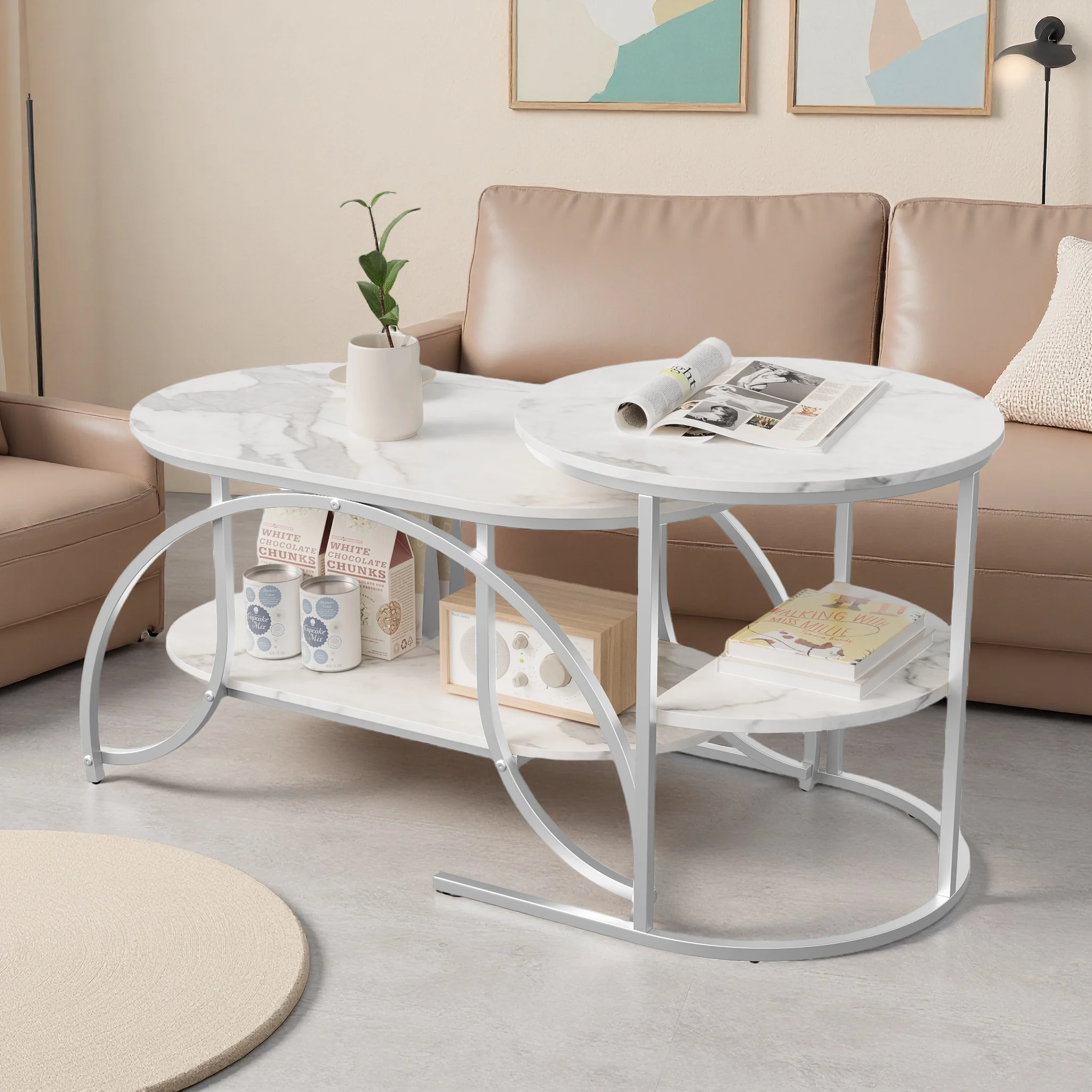 Superaly 2-in-1-Couchtisch, Sofatisch mit weißem Marmor-Optik-Effekt und silbernem Metallrahmen, Beistelltisch für Schlafzimmer, Wohnzimmer, Silber