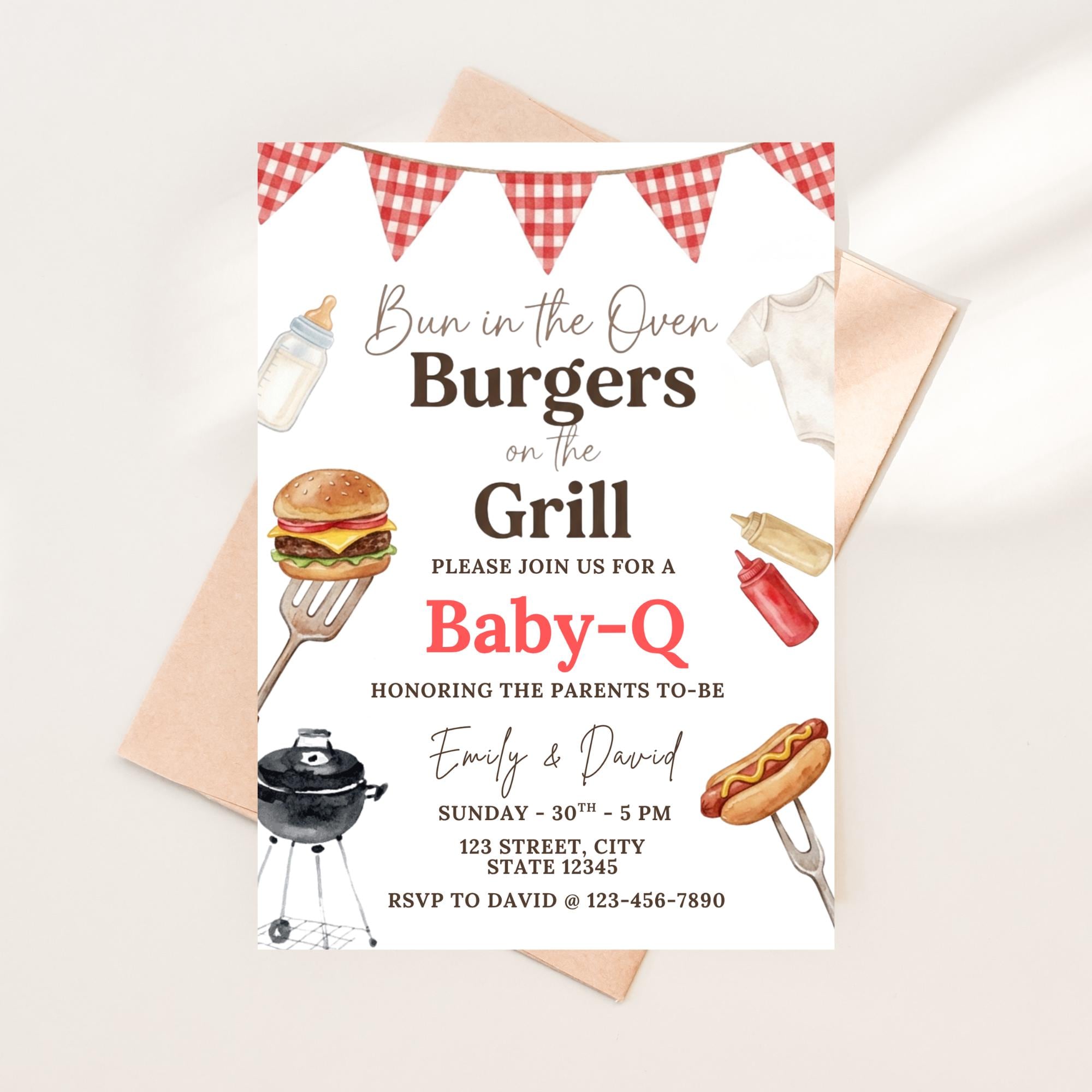 Invito per baby shower, modello di invito per baby shower Baby-Q, modello di invito per baby shower BBQ, invito per baby shower Cookout Baby-Q