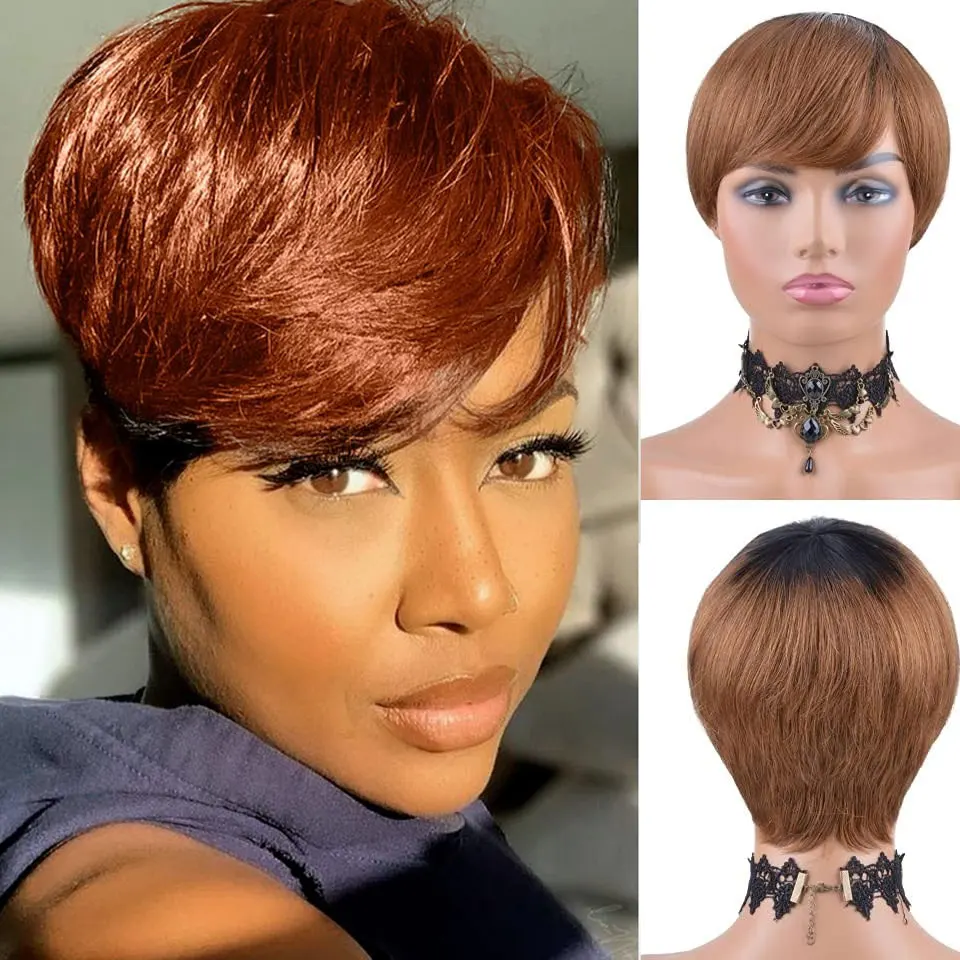 t1b/30 Echthaar-Perücke, Ombre-Blond, kurzer Pixie-Bob-Schnitt, für schwarze Frauen, vorne maschinell gefertigt, gerade Bob-Frisur