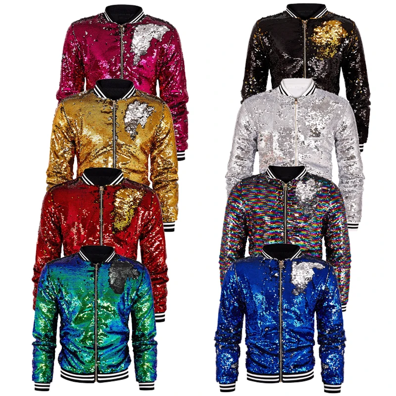 2026 Modische doppelseitige Flip-Paillettenjacke für Damen, Hip-Hop/Amerikanischer Street-Style Kapuzenlose Paillettenjacke für Frauen, Große Größen