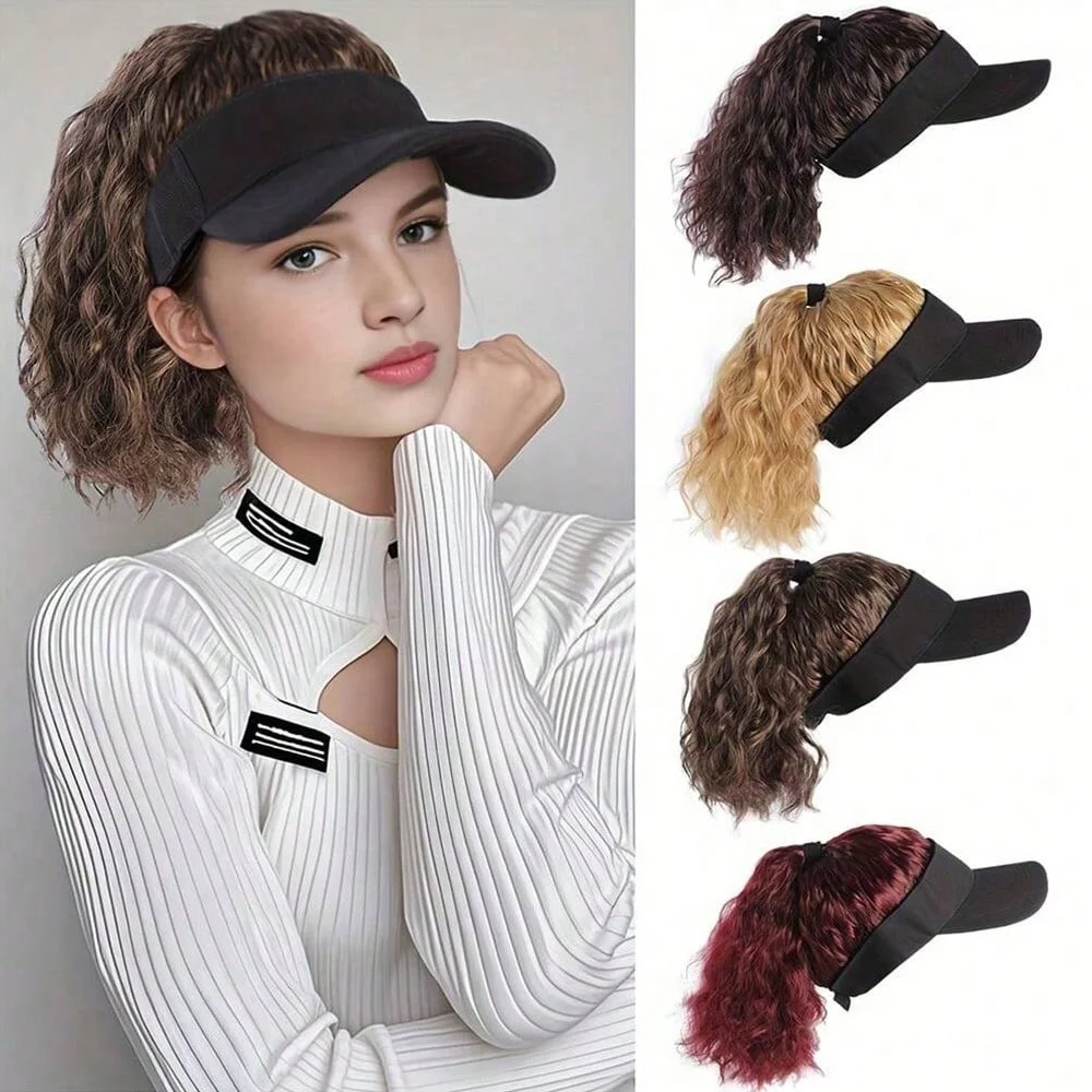 Synthetischer 12-Zoll-Hut für Damen, Wasserwellen-Perückenhut mit Pferdeschwanz-Perücke, Hut mit Perücke, verstellbare schwarze Baseballkappen-Perücke für Damen Image