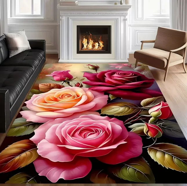 Bodenmatte mit Blumen- und Rosenmuster, geeignet für Wohnzimmer, Schlafzimmer, Foyer, Spielzimmer, leuchtend rosa, pfirsichfarben, dekorative Teppiche Image