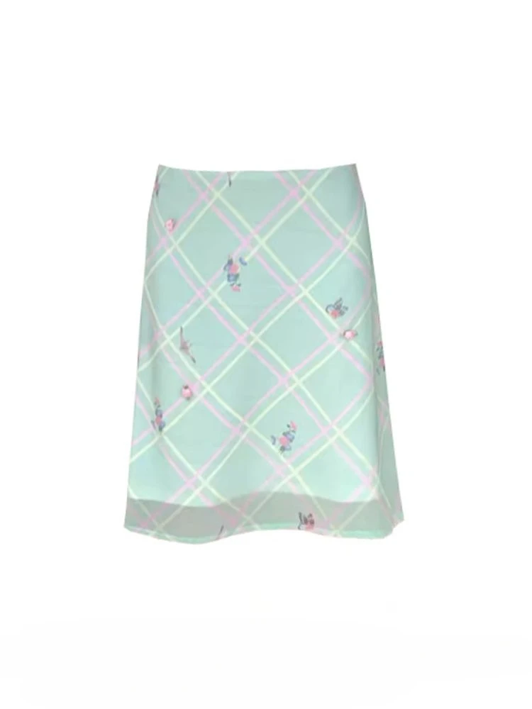 Deeptown Süßer, eleganter Blumenrock für Damen, koreanischer Stil, Vintage, grün karierte Röcke, Y2k, Harajuku, Sommermode, Mesh-Midiröcke