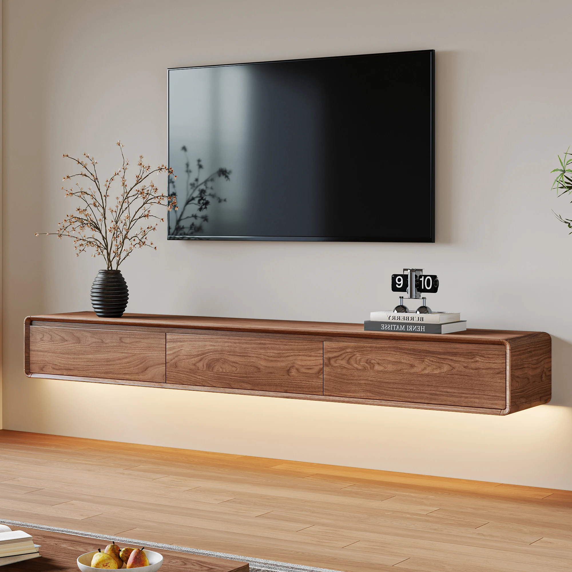 TV Schrank in Walnussoptik, Mid-Century Design als lowboard hängend, vielseitige TV Board hängend mit 3 Schubladen（200cm）