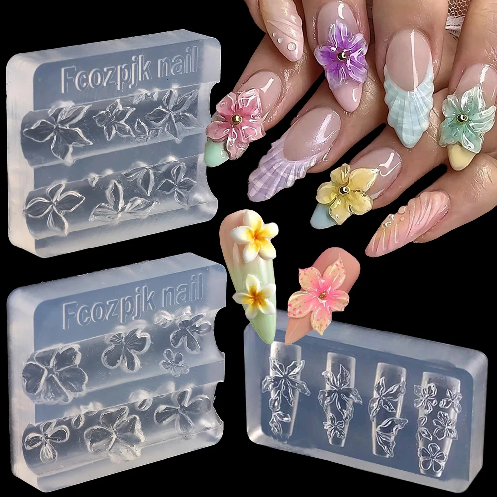 3D Blume Nail Art Silikon Schablone Carving Lily Plumeria Sakura Hawaii Hibiskus Blütenblätter Modellierung Form Nägel Schablonen mit Werkzeuge # Image