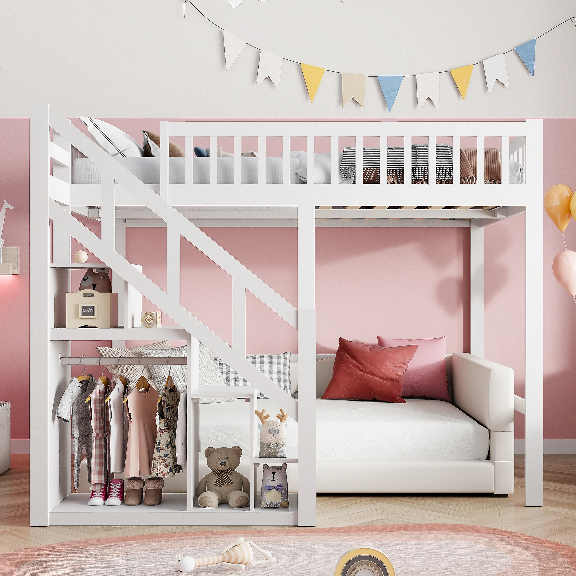 Anajqaqia 140 x 200 cm Etagenbett mit Treppe, Kinderbett, Hochbett mit Lattenrost und Stauraum, ohne Matratze, Weiß Image