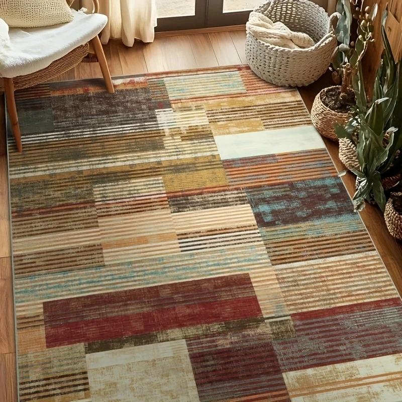 VIKAMA Vintage Geometrischer Dreieck-Teppich, Rutschfester Waschbarer Mid-Century Teppich, Rustikaler Terrakotta & Türkis Bedruckter Bodenbelag Deko
