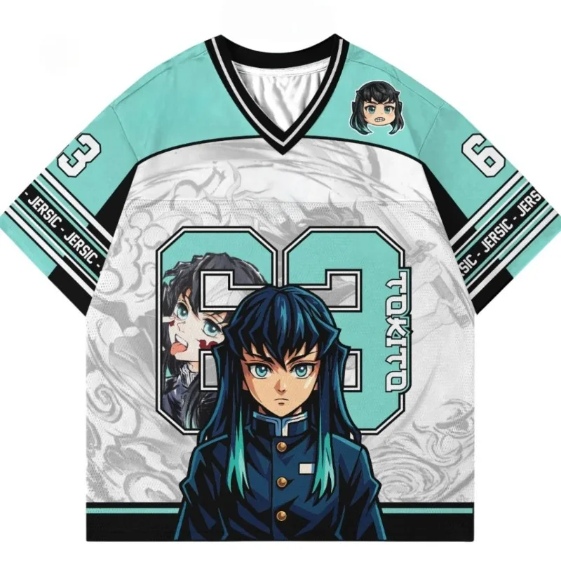 2026 Sommer Heißer Anime One Piece Ghost Slayer Blade Weiß-Blau V-Ausschnitt T-Shirt für Erwachsene und Kinder, Großes Casual Schnelltrocknendes Sweatshirt Image