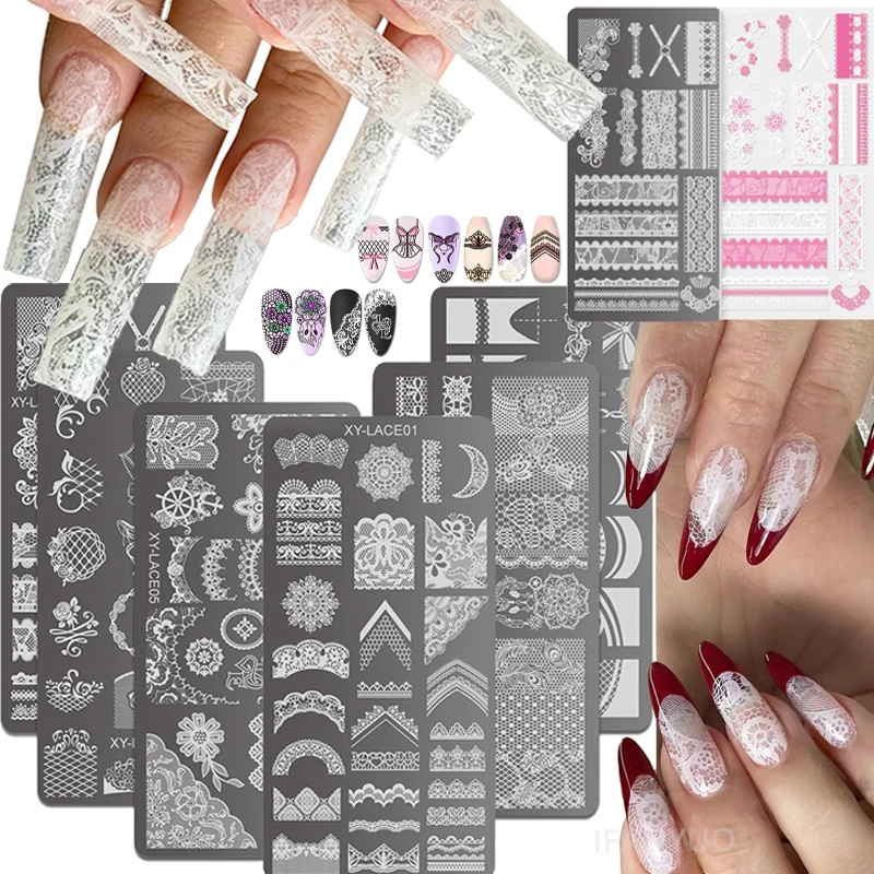 Spitzenblumen-Nagelkunst-Stempelplatte im französischen Retro-Stil, florale Nagelkunst-Druckschablonen, geprägte Nagelvorlagen mit Blumenmuster und Schleifen Image