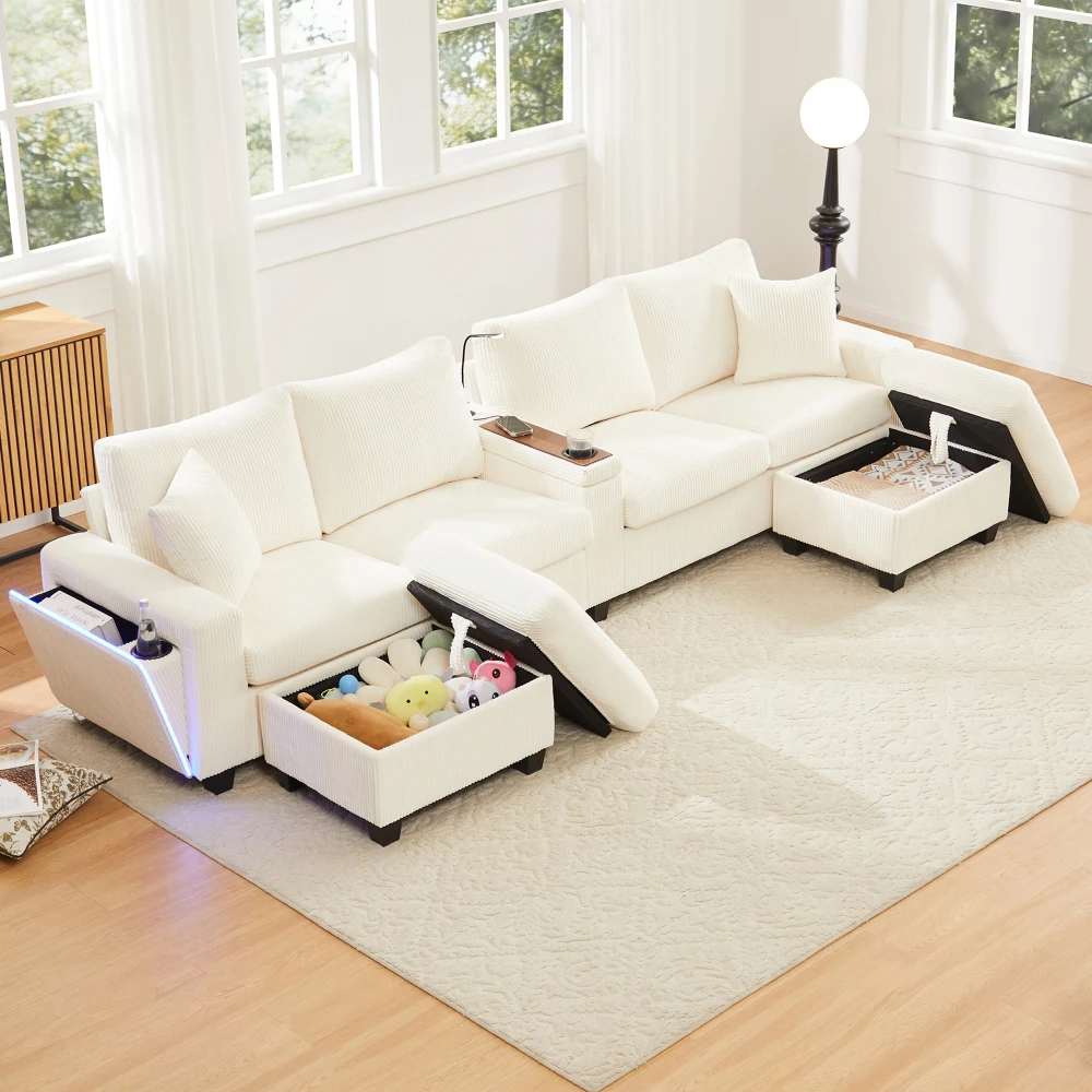 U-förmiges Cord-Sofa mit 2 Hockern, Leselampe, klappbarer Ablage, Getränkehalter & USB/Type-C, beidseitige Armlehnen mit dekorativer Verzierung Image