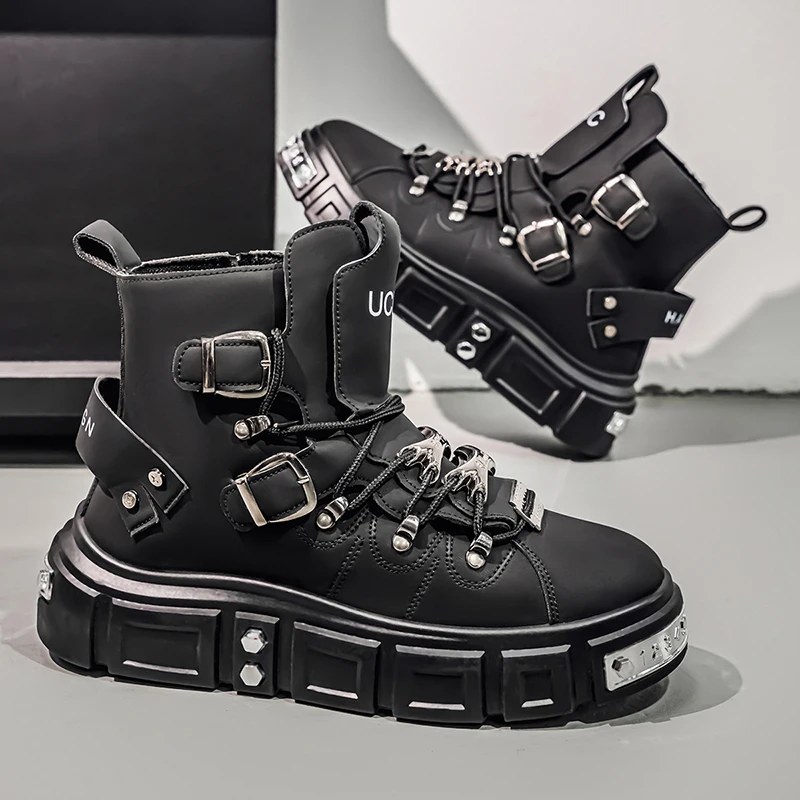 Mode Niet Schwarz High top Sneakers Männer Leder Design Luxus Schuhe Straße Gothic Punk Stiefel Männer Motorrad Stiefel Große Größe 46