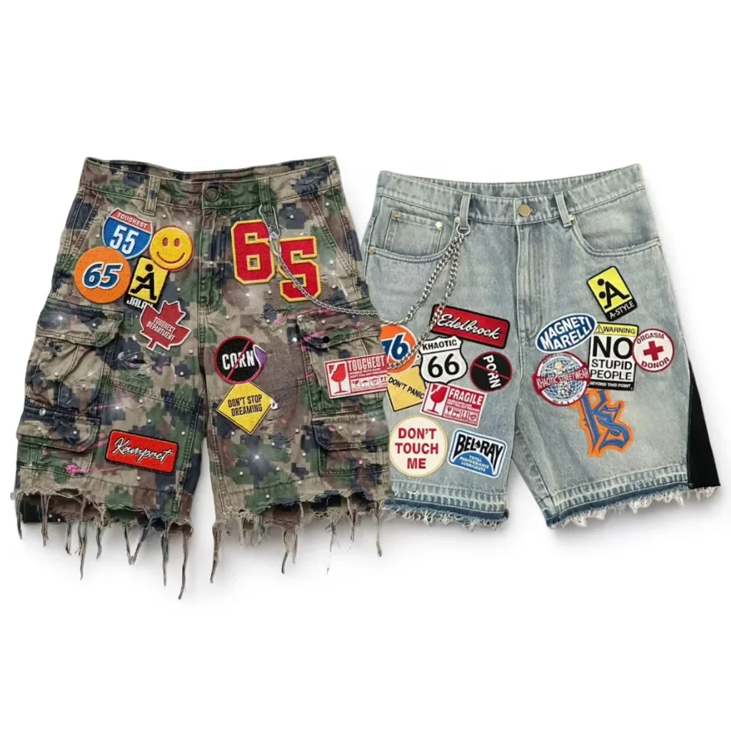 Vintage Camo Stickerei Patch Denim Kurze Y2k Jeans Männer Frauen Hip Hop Cartoon Grafiken Streetwear Lose Denim Casual Shorts
