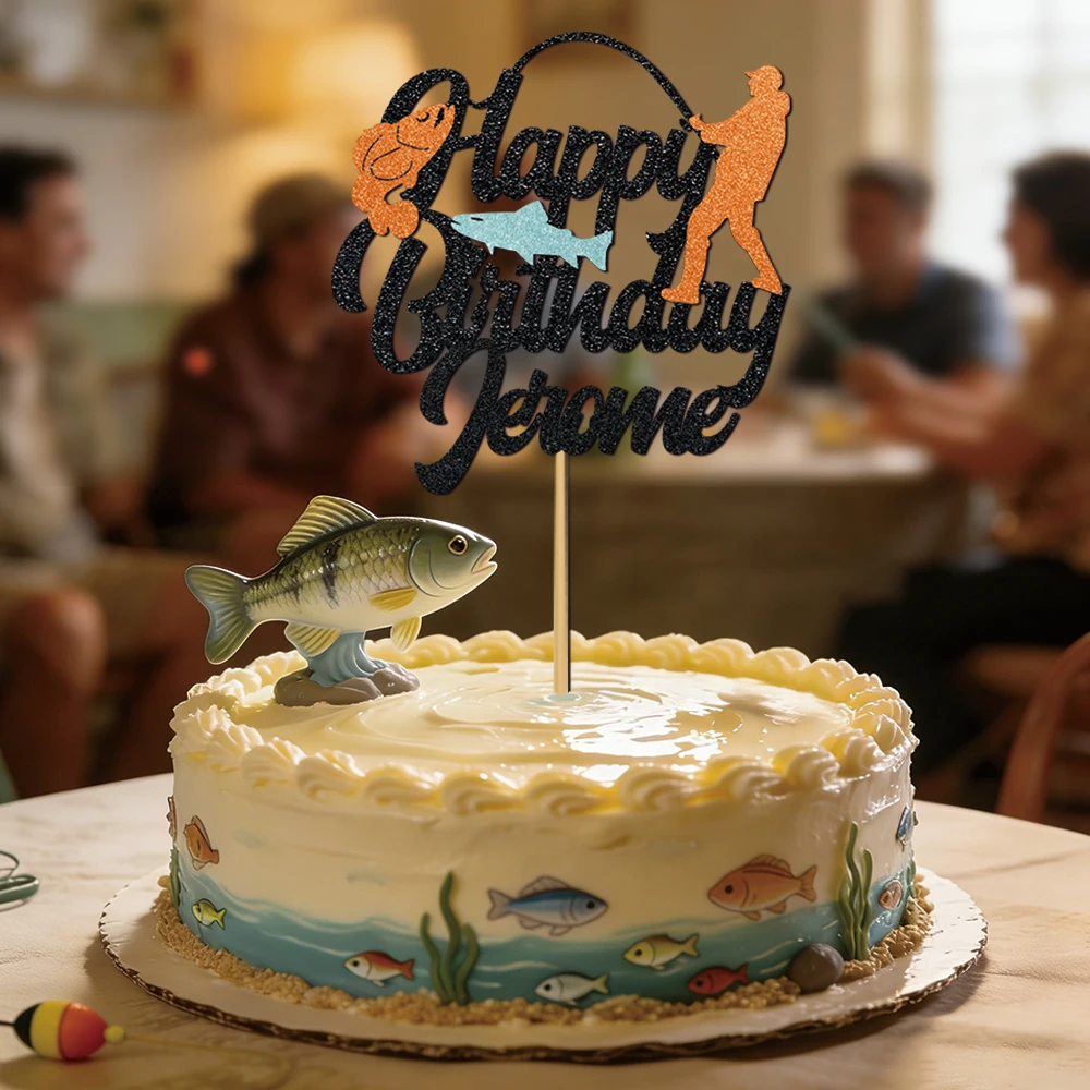 1 Stück personalisierter Tortenaufsatz zum Geburtstag mit Angelmotiv, Kuchendekoration, perfekt für Angelliebhaber und Angler-Geburtstagsfeiern Image