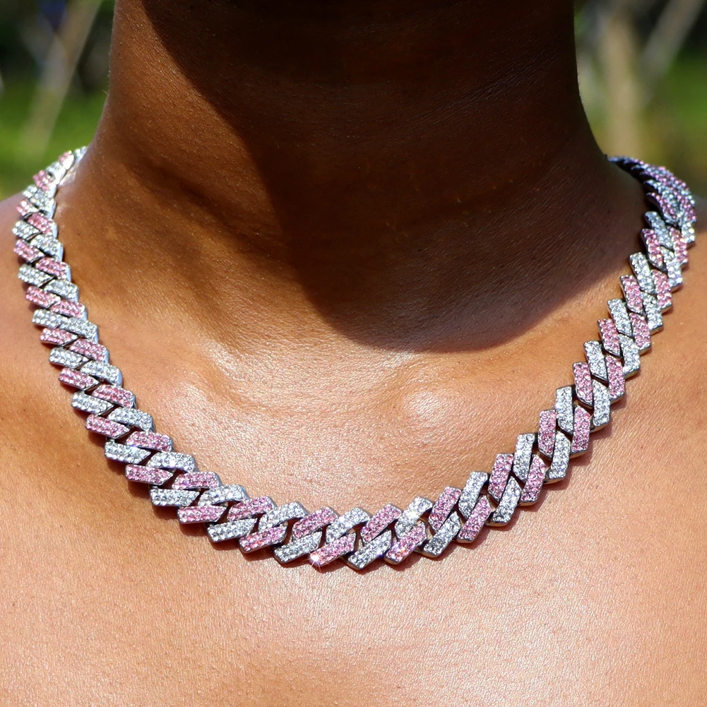 Hip-Hop Cuban Link Kette für Männer und Frauen, Vereiste Strass-Halskette in Rosa und Weiß, Unisex Bling Schmuck Geschenk