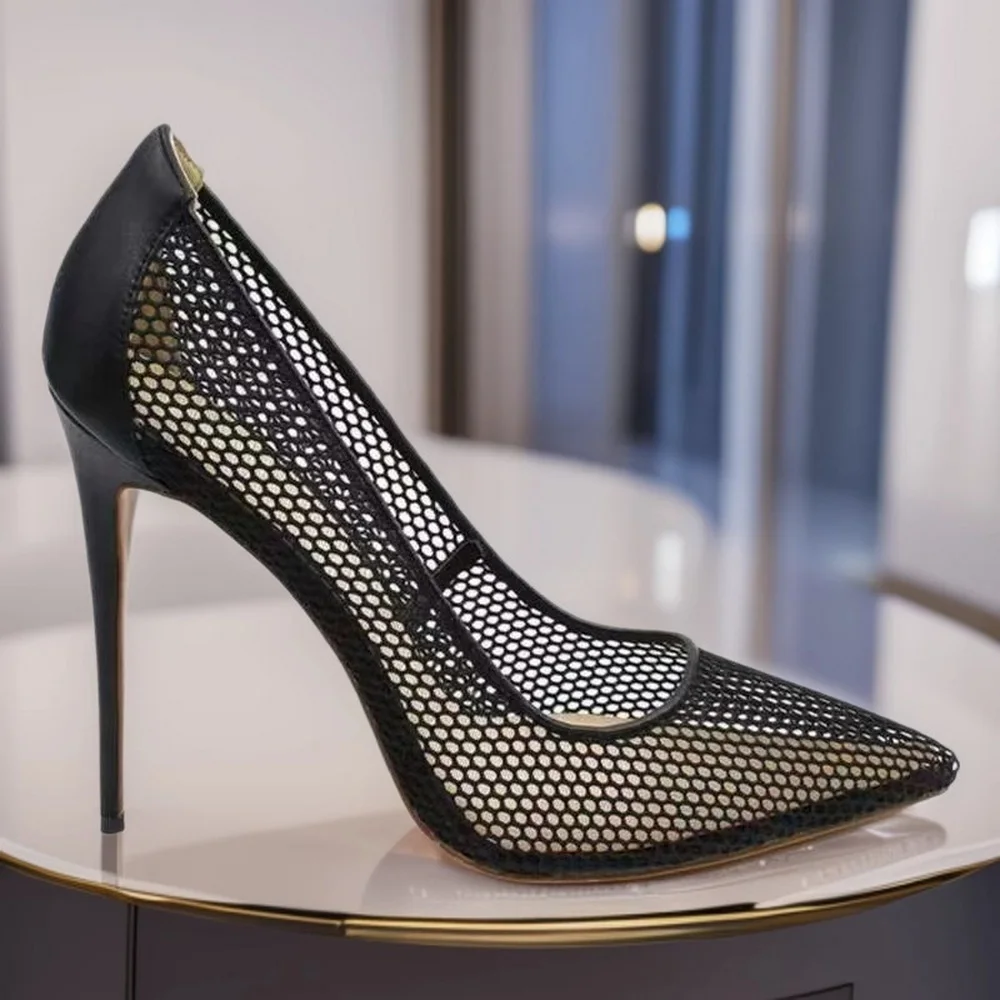 12 cm hohe, ausgehöhlte High Heels, Damenpumps, sexy Spitzenschuhe, spitze Zehenpartie, zum Hineinschlüpfen, schwarz, maßgeschneiderte große Größe 46, Direktversand