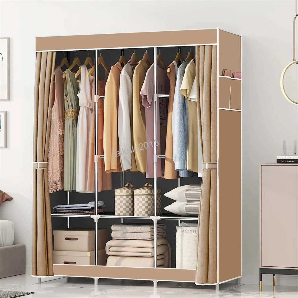 Verbesserter Kleiderschrank aus Segeltuch mit Kleiderstange, Ablagefächern und Staubschutz für Schlafzimmer und Studentenwohnheim