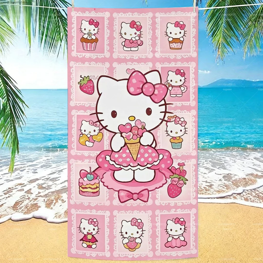 1 Stück Hello Kitty Rosa Strandtuch, Süßes Erdbeer- & Cupcake-Cartoon-Badetuch, Weiches Mikrofaser-Pooltuch für Kinder & Fans
