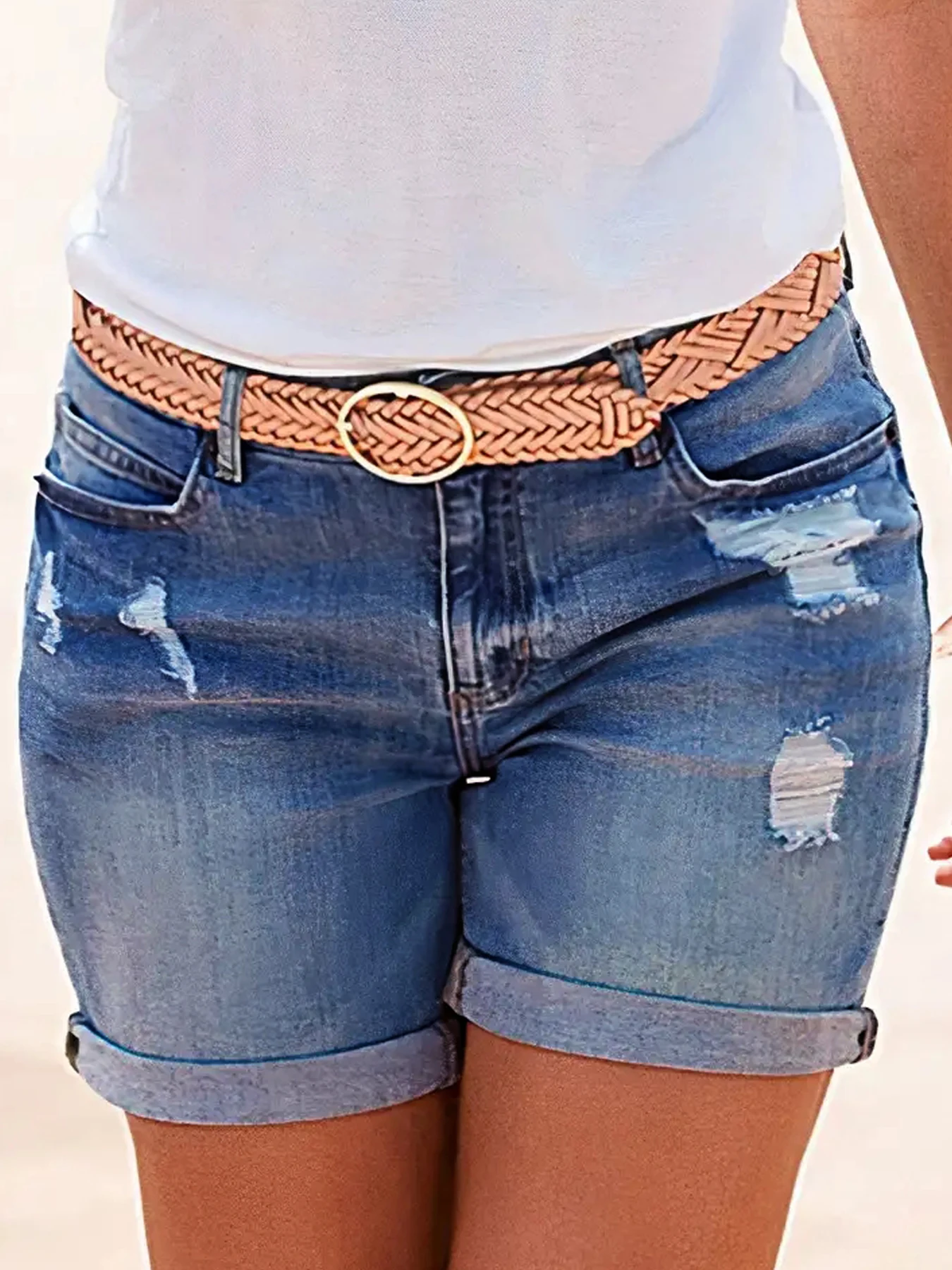 Damen-Jeansshorts mit Knopfleiste, Lässige Bequeme Kurze Jeans mit Aufgerolltem Saum für den Alltag, Damen-Unterteile für den Sommer Image