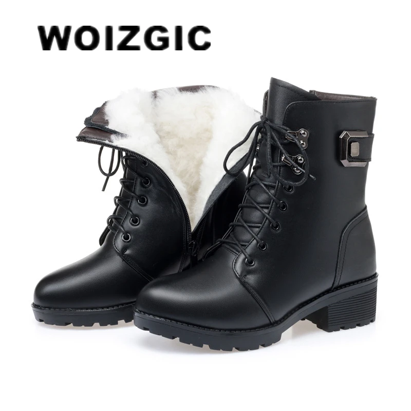 WOIZGIC Weibliche Damen Frauen Echtes Leder Stiefeletten Plattform Winter Herbst Plüsch Fell Warme Schuhe Plus Größe Lace Up 35-43