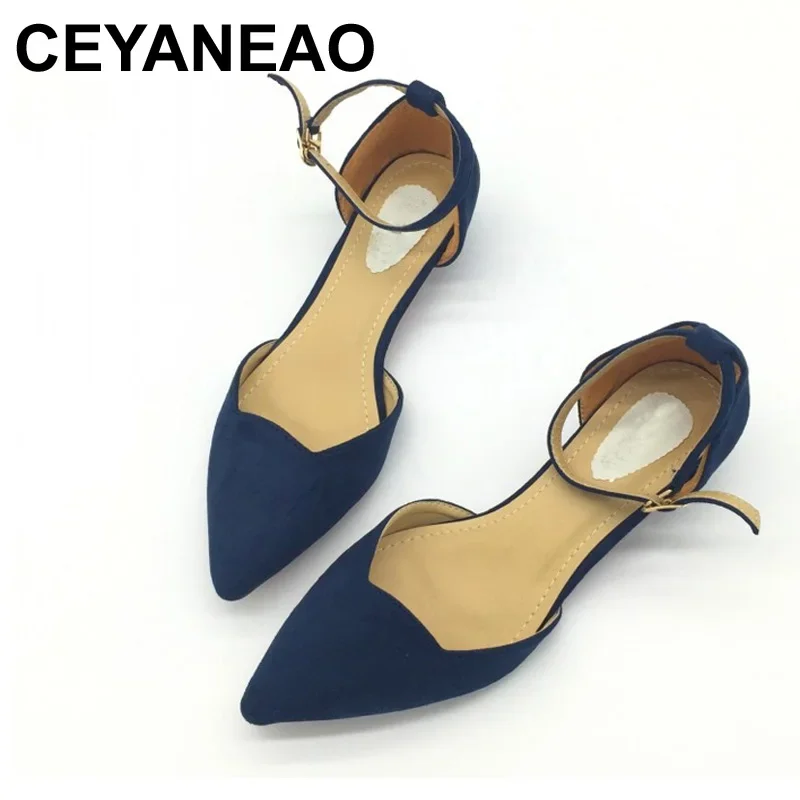 CEYANEAO Sexy Frauen Schnalle Low Heels Pumps Spitz Flock D'Orsay Heels Schuhe Für Frau Damen Einzigen Schuhe Blau