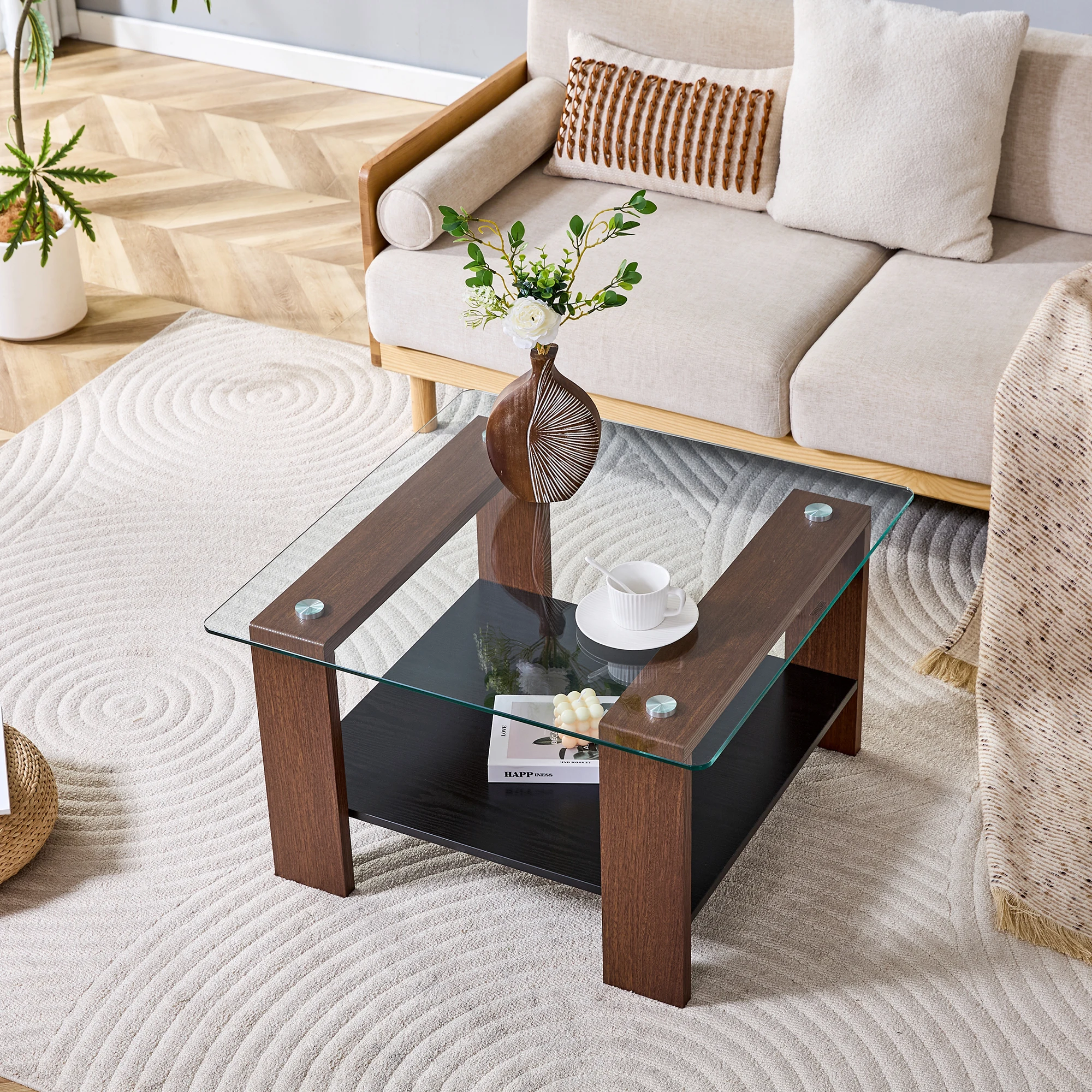 Moderner Couchtisch mit Stauraum, Hartglas & Walnuss-Optik, 65×41×45,5 cm, Wohnzimmertisch für kleine Räume Image