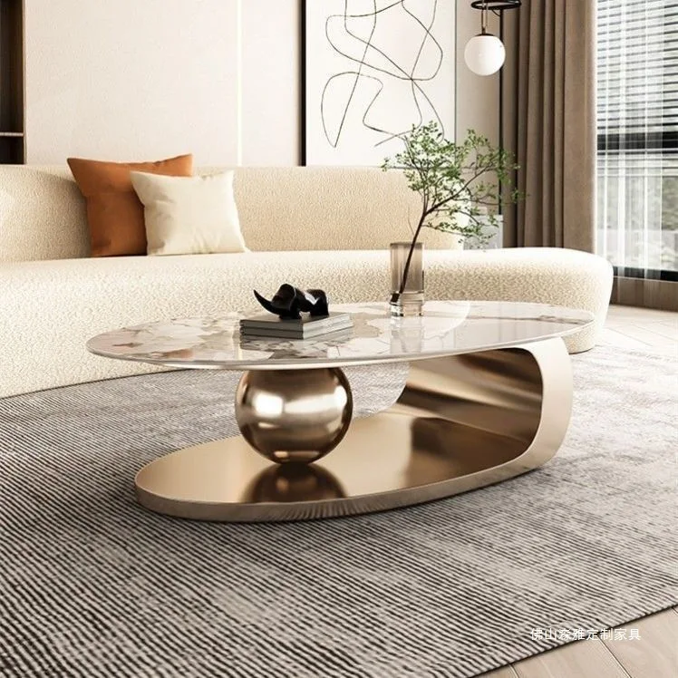 Ovaler Couchtisch aus Steinplatten im italienischen minimalistischen Stil, Edelstahl, für den Haushalt, Wohnzimmer, kleine Wohnung, Couchtisch-Kombination