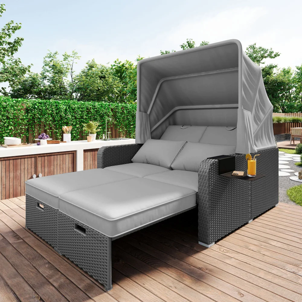 Polyrattan Gartenmöbel für 2 Personen, Lounge-Sofa, Abnehmbare Markise, Polyrattan und Schwamm, Gartensofa Geeignet für Draußen