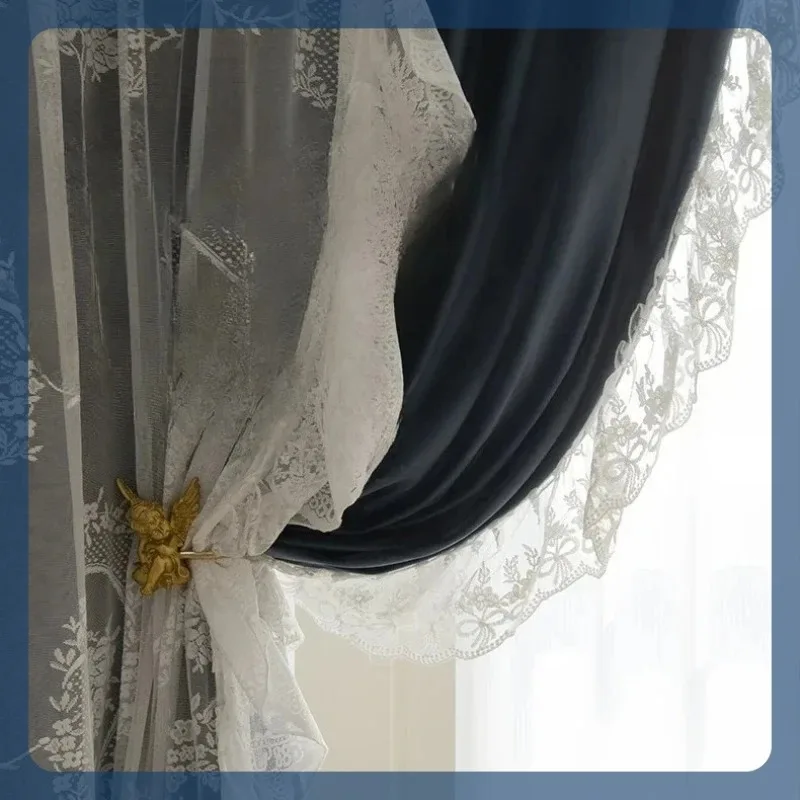Retro-Vorhänge, neue französische Luxus-Vorhänge für Wohnzimmer, Esszimmer, Balkon, Verdunkelung, blauer Samtstoff, Vorhänge, Dekor, weißer Tüll, dick Image