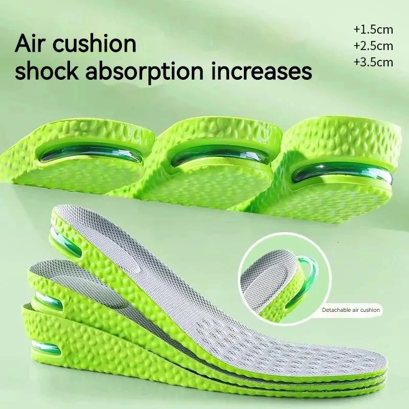 1 Paar/2 Paar höhenvergrößernde Einlegesohlen, grüne PU-Sport-Einlegesohlen mit Luftpolsterung, stoßdämpfende Einlegesohlen für Männer und Frauen, atmungsaktive Komfort-Einlegesohlen Image