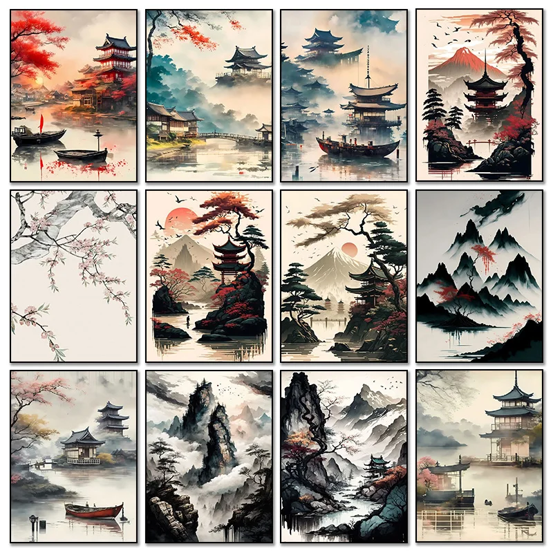 Chinesische Landschaft mit Wald, Berge, Fluss, Kranich, Pflaumenblüten und Tempel - Kunstposter, Diamantmalerei-Drucke, Wandkunst-Bilder für Heimdekoration