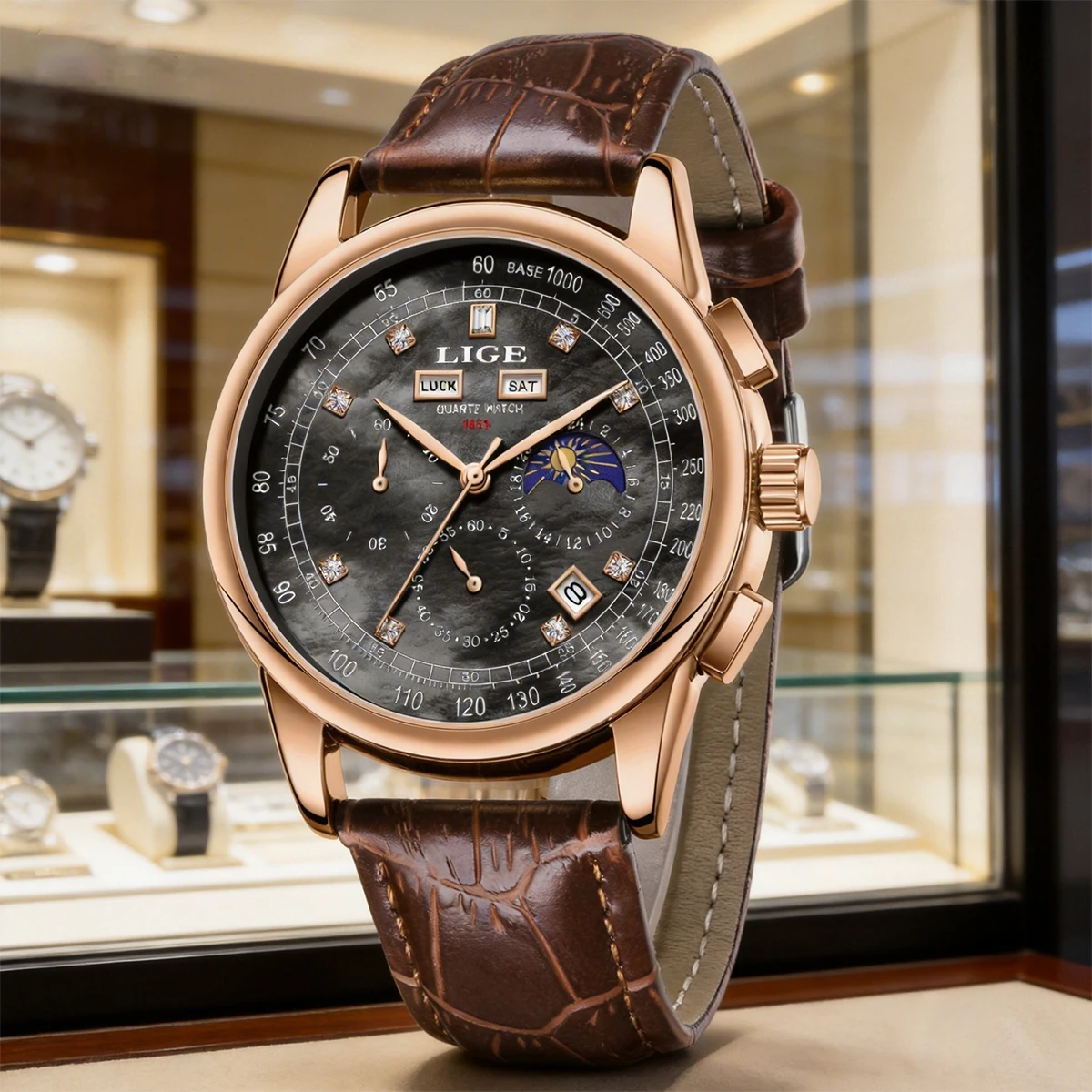 LIGE Herren-Quarzuhr mit Datums-, Tages-, Monats- und Jahresanzeige, Roségold-Zifferblatt, Multifunktion, 316L Lederarmband, Poliertes Gehäuse, Tag-Nacht-Anzeige Image