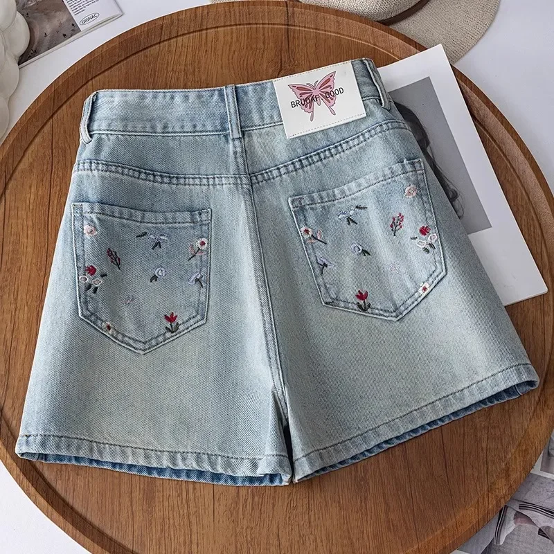 Hellblaue Jeansshorts mit hoher Taille und Blumenstickerei, lässige Sommer-Damen-A-Linie, heiß Image