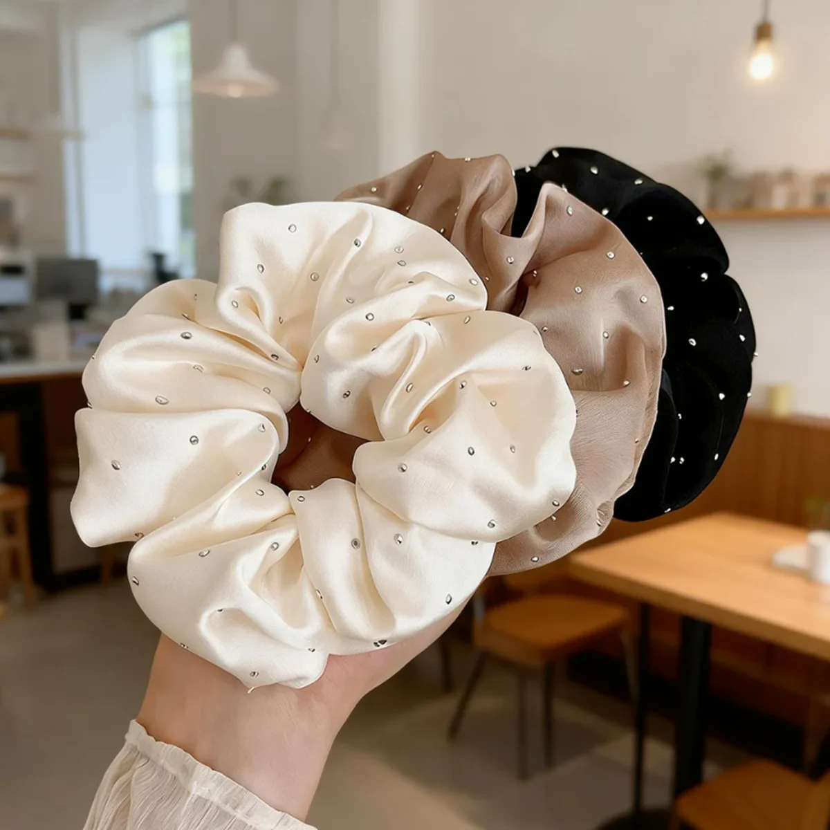 3-teiliges Set Satin-Strass-Haargummis für Frauen, Glänzende Verzierte Haarbänder, Luxuriöse Seiden-Haaraccessoires für Tägliche und Festliche Frisuren Image
