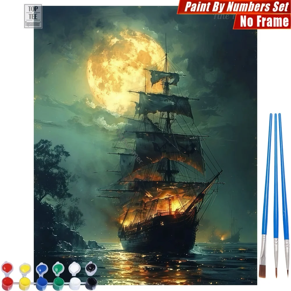 Piratenschiff bei Mondlicht Digitales Ölgemälde-Set - Schiffe, Mond, Meer Abstrakte Wandkunst Tag der Toten Geschenk für Mama