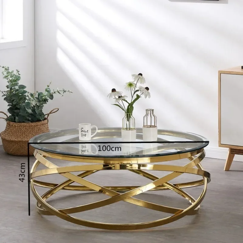 --Wohnzimmer-Beistelltisch mit Edelstahlrahmen, runder Couchtisch mit goldener Glasplatte, moderne Sets, klare Mode für den Innenbereich Image