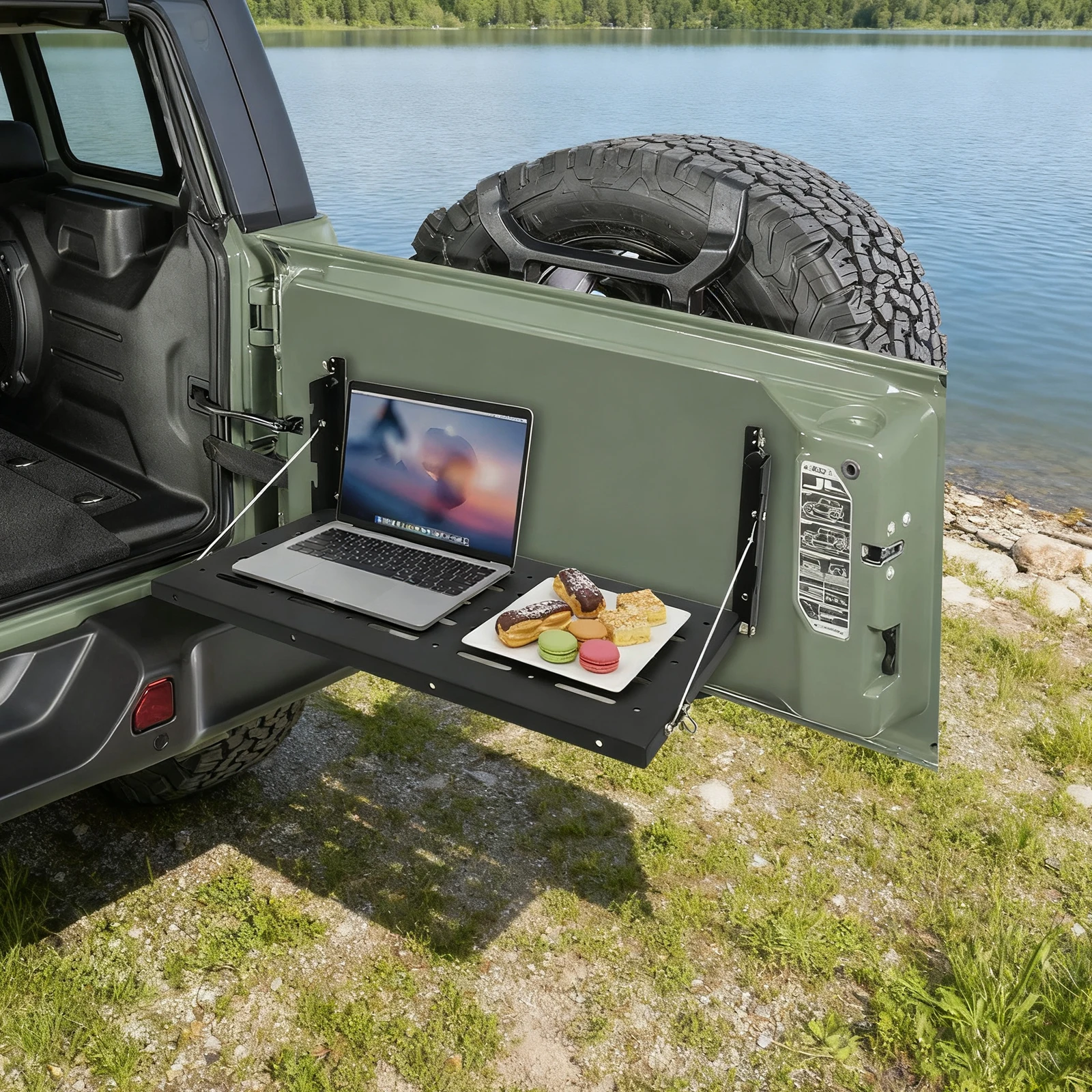 Klappbarer Heckklappen-Tisch für Wrangler JK 2007-2017, 34,01 kg Tragfähigkeit, faltbarer Picknicktisch aus Stahl für Camping am Heckklappen des Autos.