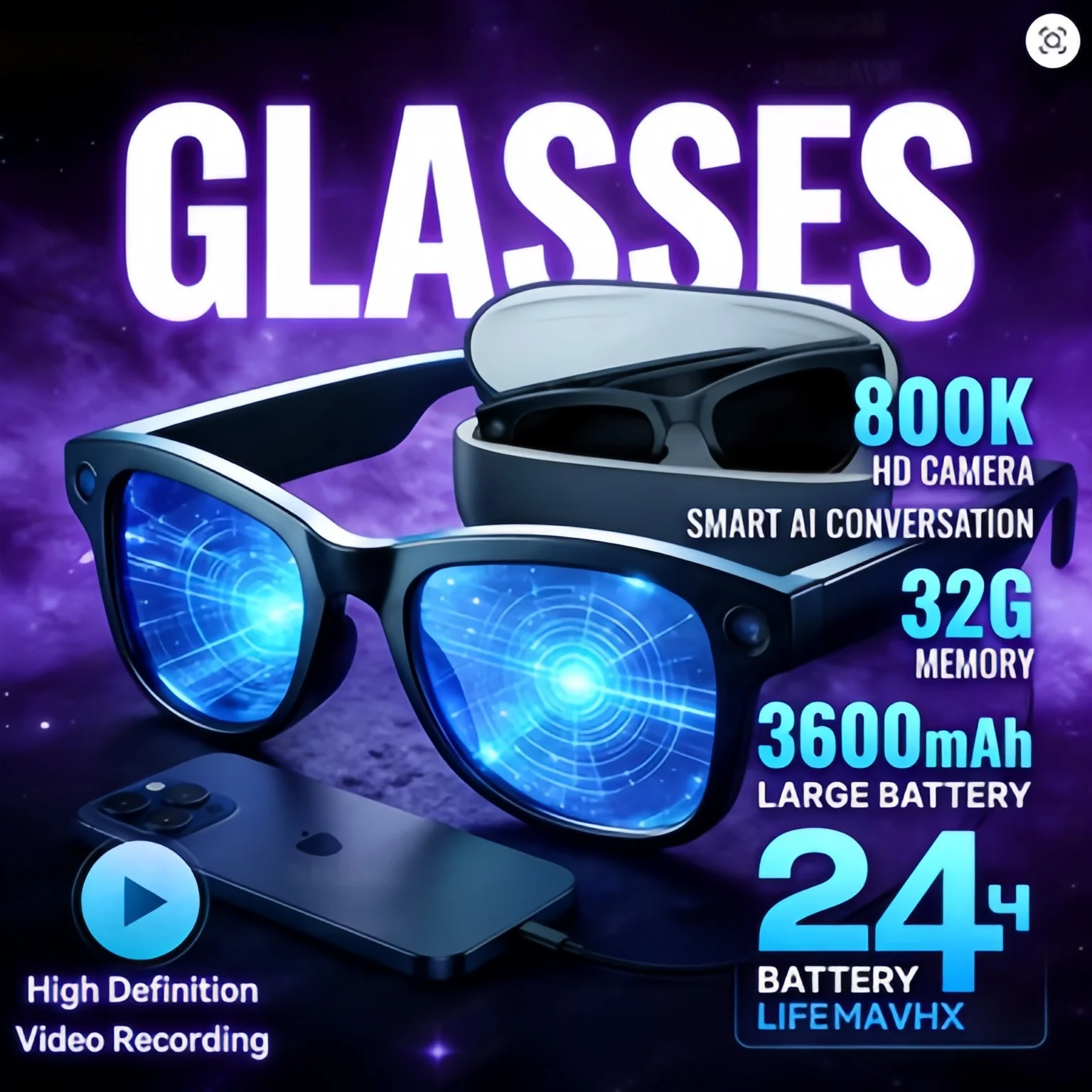 2026 Smarte KI-Brille mit 1080P HD-Kamera, M02 Ultra ChatGPT, 3600mAh Ladecase, Powerbank, 32GB, Übersetzungsfunktion, Musik- und Videofunktion, Sonnenbrille Image