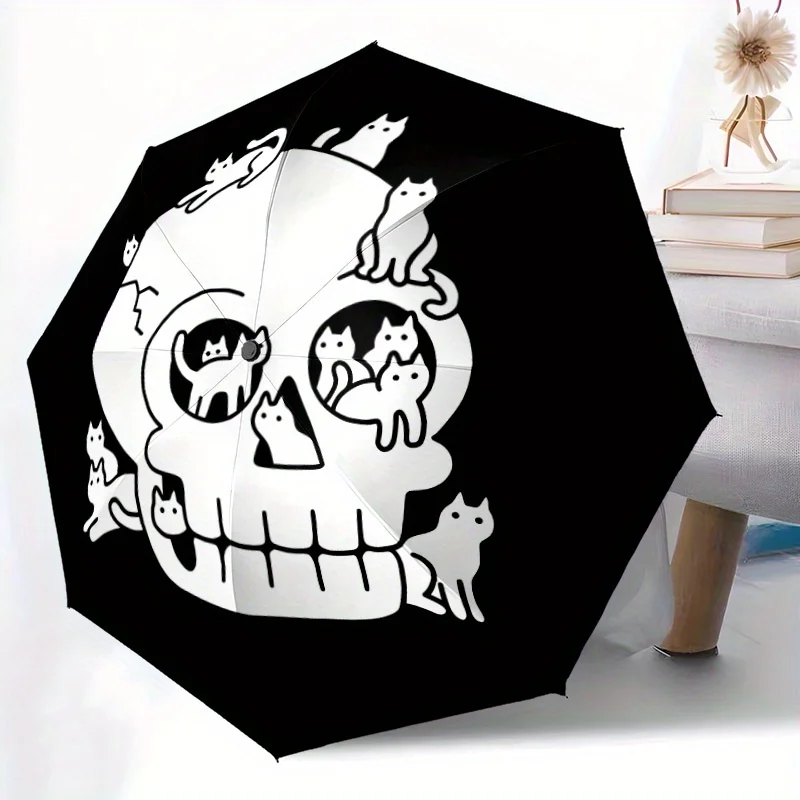 1 Stück Totenkopf-Katzen Automatischer Regenschirm - Gotischer Halloween-Regenschirm mit Automatischem Öffnen/Schließen, Kompakter Falt-Reiseschirm Image