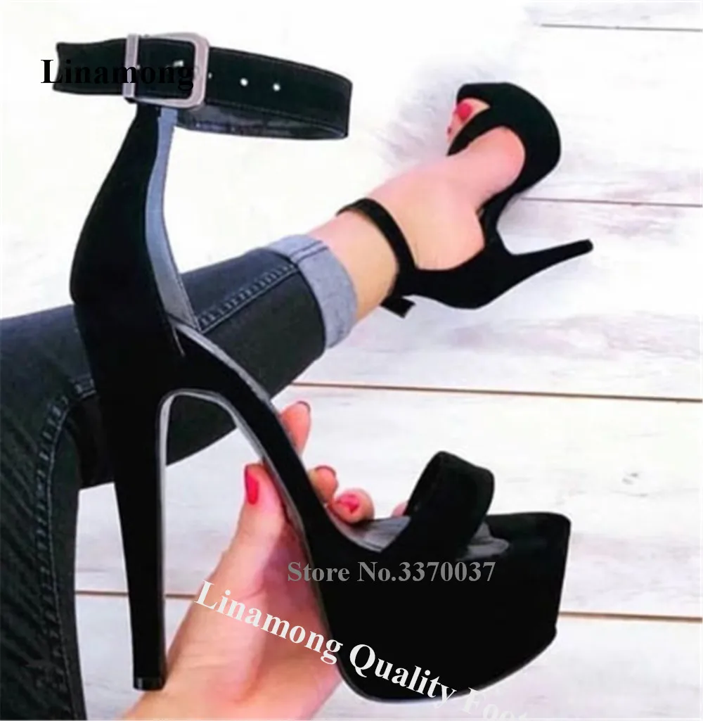 Linamong Schwarz Blau One Straps Stiletto Heel Sandalen Sexy Open Toe Wildleder Hohe Plattform Dünne Ferse Party Heels Große Größe Schuhe