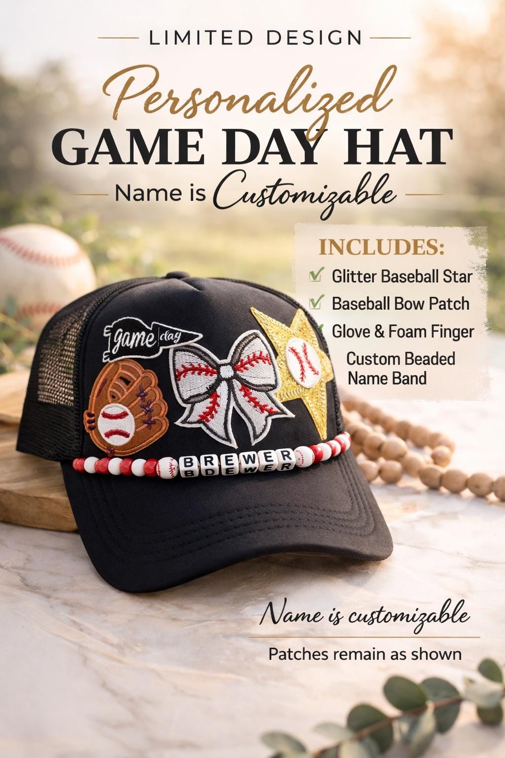 Personalisierte Baseball Game Day Trucker Cap - Benutzerdefinierte Name Perlenmütze - Baseball Mom Boutique Cap - Glitzer Stern Patch