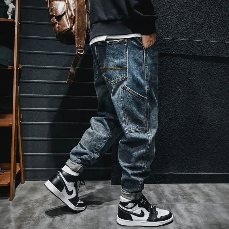 Moda Streetwear Jeans da uomo pantaloni Cargo in Denim Casual blu retrò Hombre Multi tasche Jeans larghi Hip-Hop pantaloni larghi da uomo