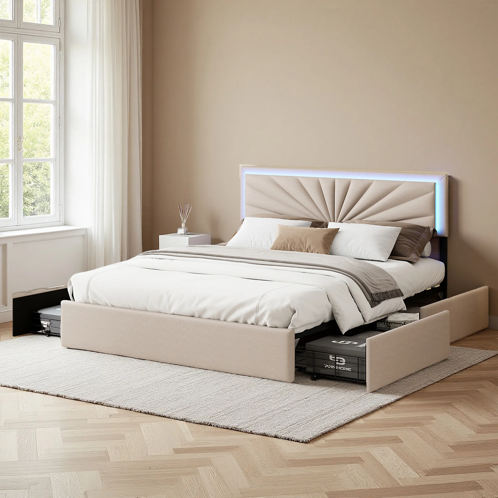 Lit rembourré Superaly 160x200cm, lit double avec 4 tiroirs de rangement, éclairage LED, lit d