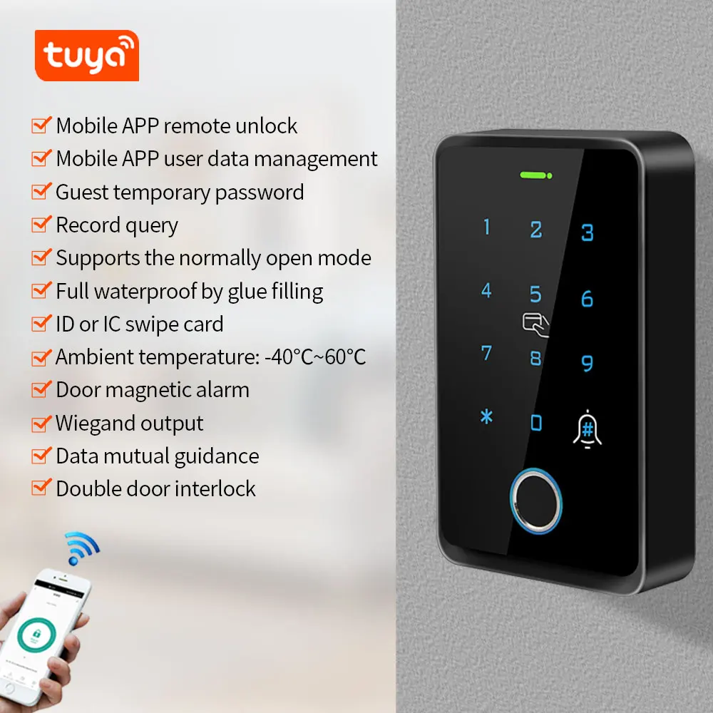 Contrôleur d'accès par empreinte digitale WiFi Tuya, système de clavier RFID autonome étanche pour l'extérieur, 125KHz, 13.56MHz, déverrouillage par application intelligente WG26