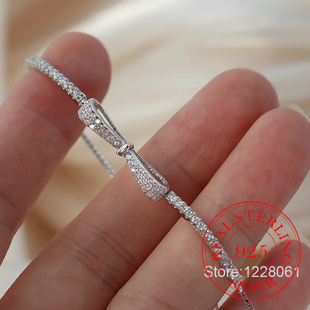 Bracciale Bowknot in vero argento Sterling 925 per donna bracciale rigido da Tennis in zircone lucido Homme regali per gioielli da festa di nozze