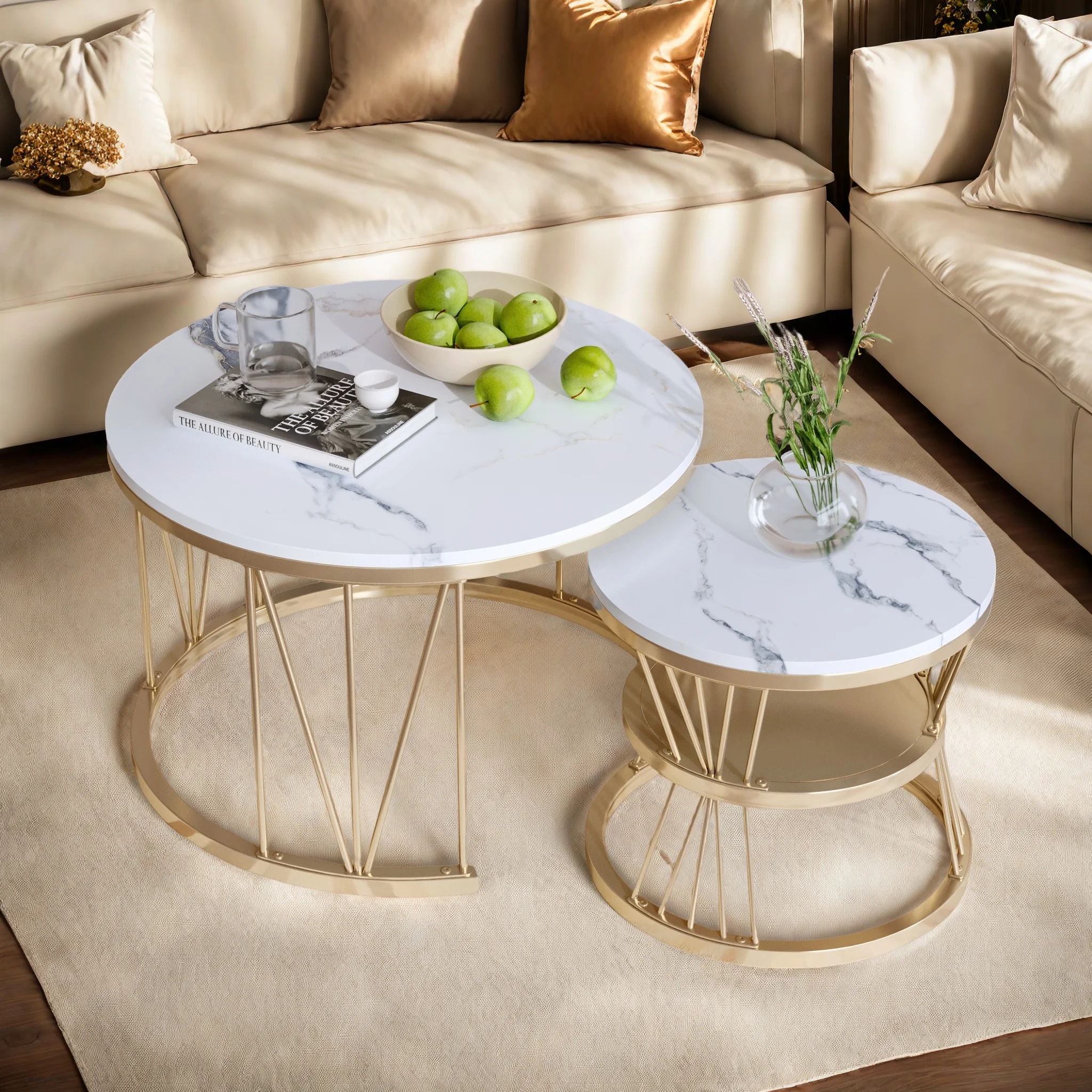 Rosahqnda Modernes Satztisch-Set, 2-teiliges Beistelltisch-Set, runde Couchtische, ineinander steckbares Beistelltisch-Set für Wohnzimmer, Büro