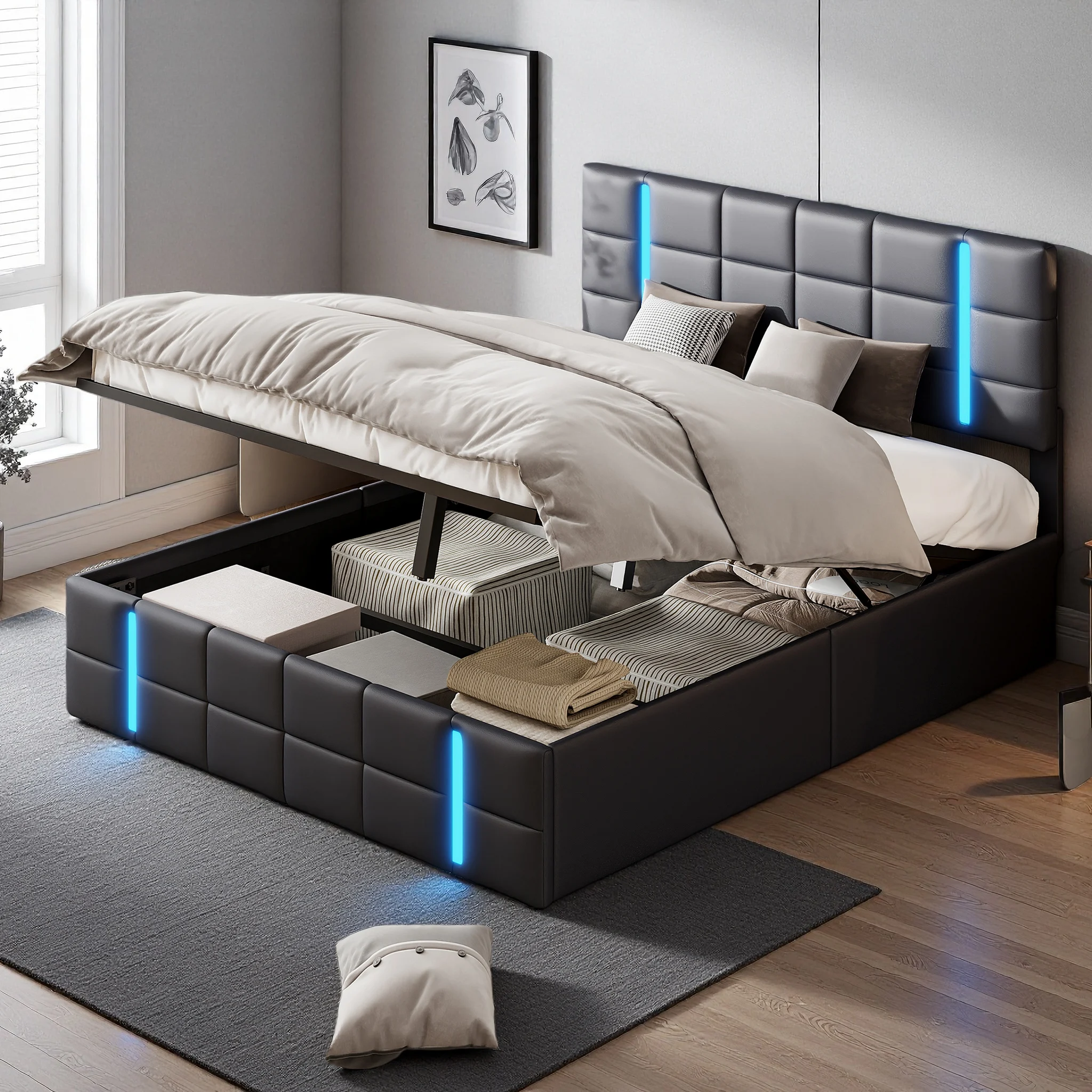 Rosahqnda Hydraulisches Stauraumbett 140/160 x 200 cm, gepolstertes Doppelbett mit LED und USB-Anschluss, Bettrahmen mit Stauraum, PU, Schwarz Image