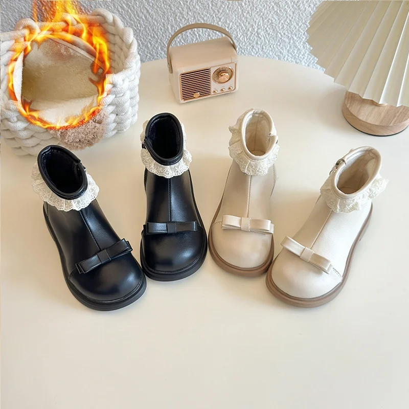 Freizeitstiefel für Kinder, mit Spitze und Schleife, PU-Lederschuhe, Winterschuhe für Mädchen, warm, rutschfest, weicher Boden, cremefarbene schwarze Schuhe, Größe 23–35